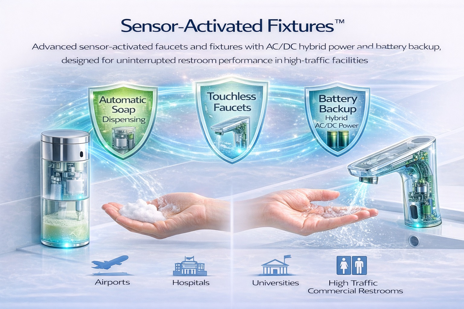 Sensor-activated fixtures for commercial restrooms